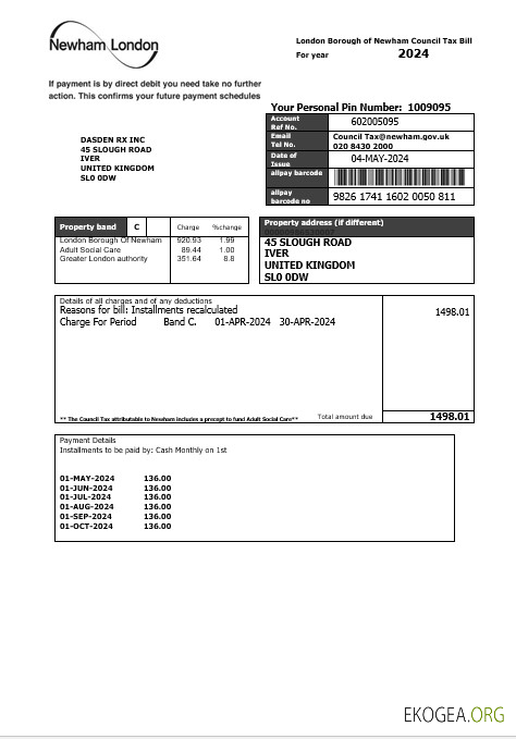Royaume Uni Londres of Borough of Newham Council Tax Business Utility Bill modèle aux formats Word et PDF